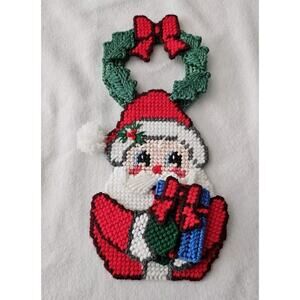 VTG Christmas Santa Claus Present Wall Decor Hanger Door - Needlepoint - 11" 3D